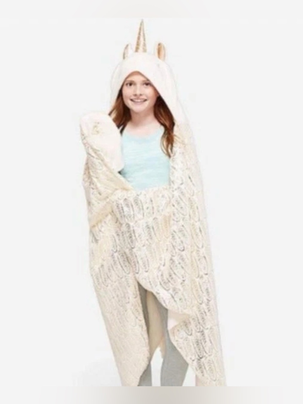 Justice Unicorn Hooded Blanket Poncho Girls One Size White Gold Cozy